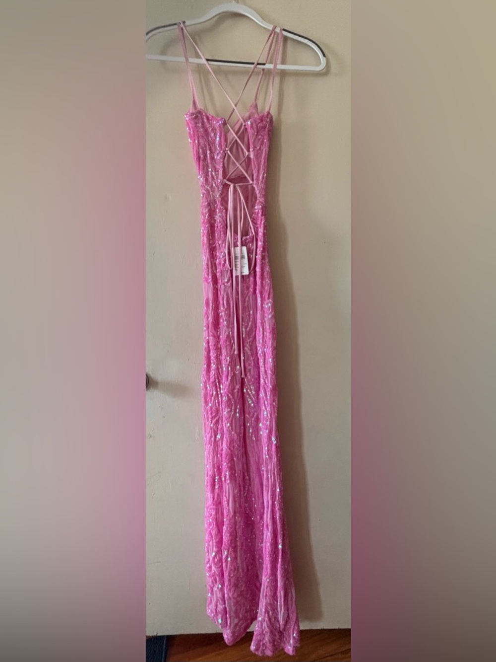 Windsor Pink Sequin Spaghetti-Strap Prom Gown with Thigh Slit - Picture 5 of 12